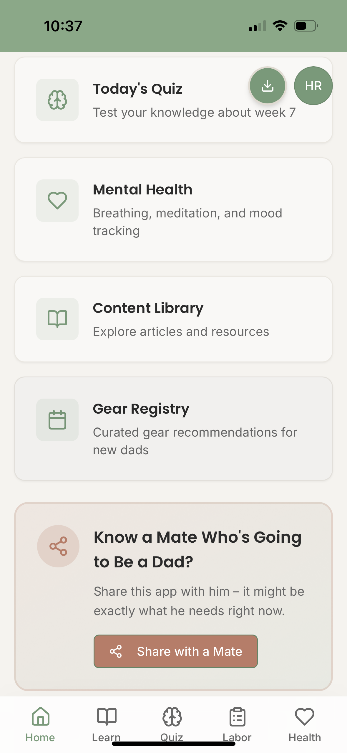 Personalized dashboard showing pregnancy countdown and quick actions