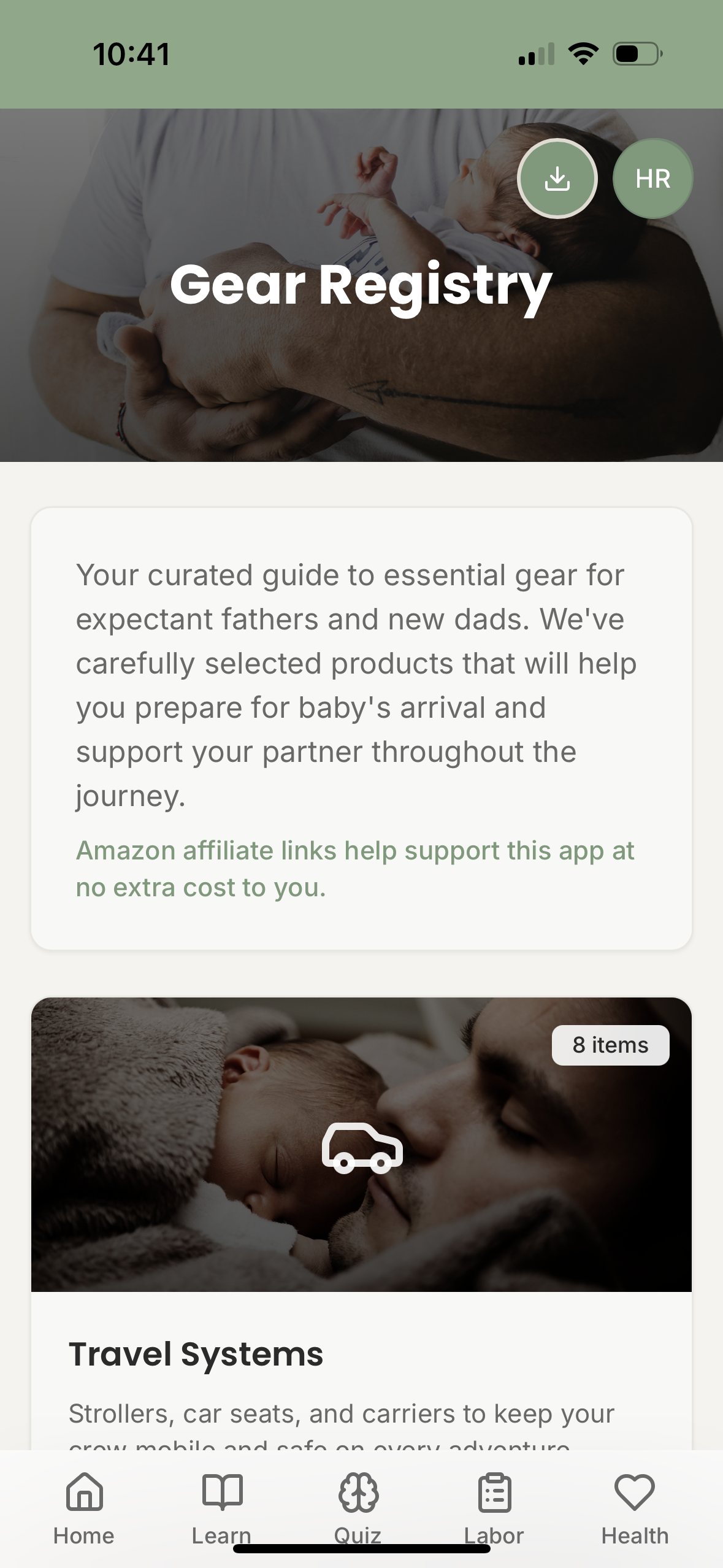 Curated gear registry with essential baby products and recommendations